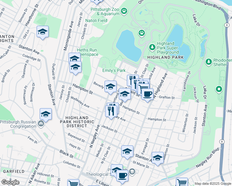 map of restaurants, bars, coffee shops, grocery stores, and more near 1136 Portland Street in Pittsburgh