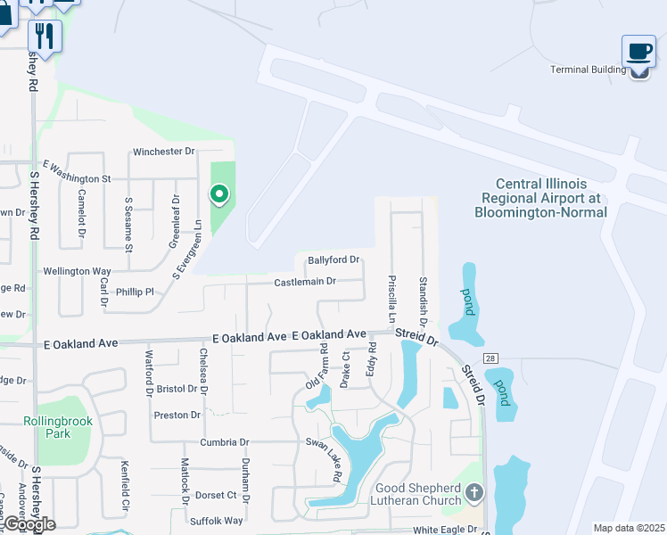 map of restaurants, bars, coffee shops, grocery stores, and more near 3513 Bally Ford Drive in Bloomington