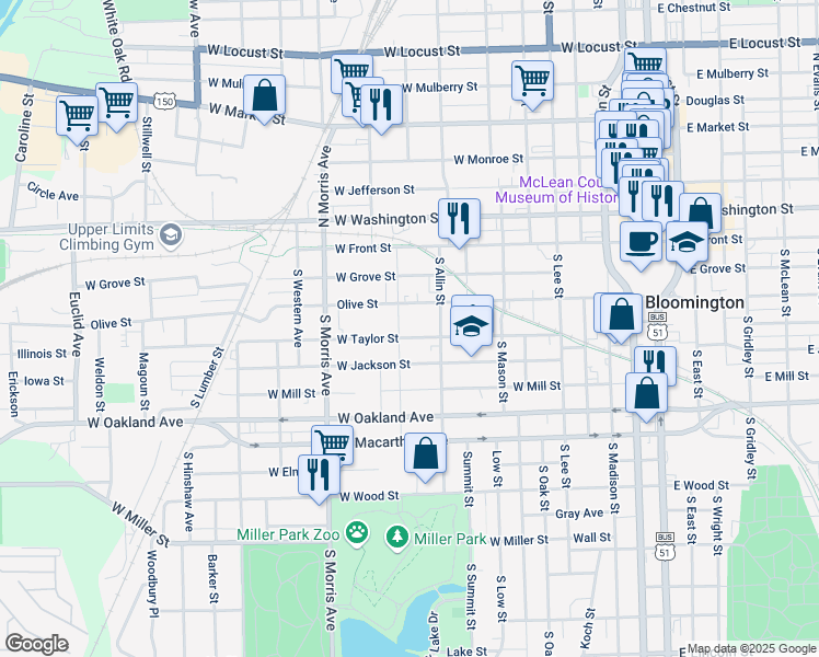 map of restaurants, bars, coffee shops, grocery stores, and more near 903 West Taylor Street in Bloomington