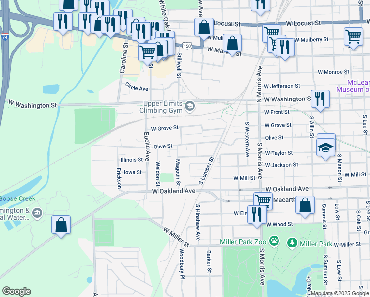 map of restaurants, bars, coffee shops, grocery stores, and more near 1310 West Olive Street in Bloomington