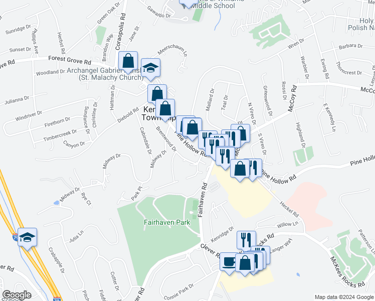 map of restaurants, bars, coffee shops, grocery stores, and more near 1767 Pine Hollow Road in McKees Rocks