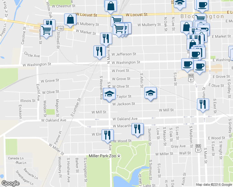 map of restaurants, bars, coffee shops, grocery stores, and more near 1017 W Taylor St in Bloomington