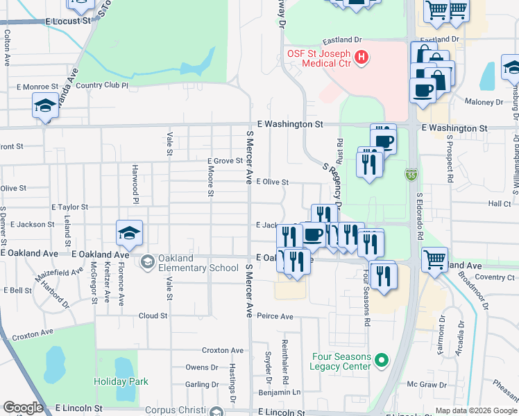 map of restaurants, bars, coffee shops, grocery stores, and more near 2107 East Taylor Street in Bloomington
