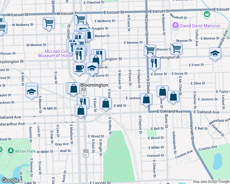 map of restaurants, bars, coffee shops, grocery stores, and more near 409 East Taylor Street in Bloomington