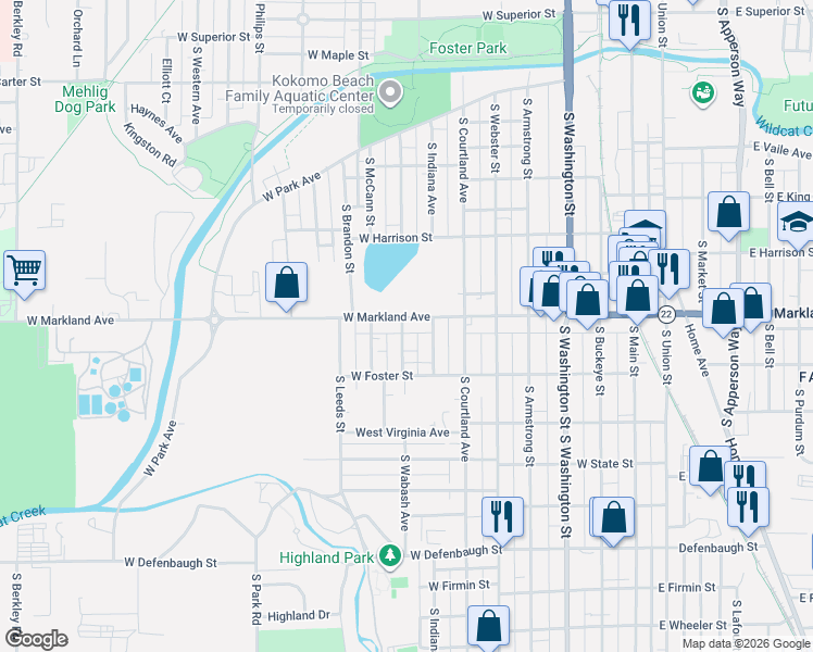 map of restaurants, bars, coffee shops, grocery stores, and more near 801 West Markland Avenue in Kokomo