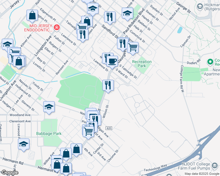 map of restaurants, bars, coffee shops, grocery stores, and more near 120 Georges Road in New Brunswick