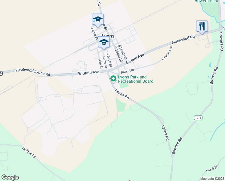 map of restaurants, bars, coffee shops, grocery stores, and more near 369 Lyons Road in Lyons