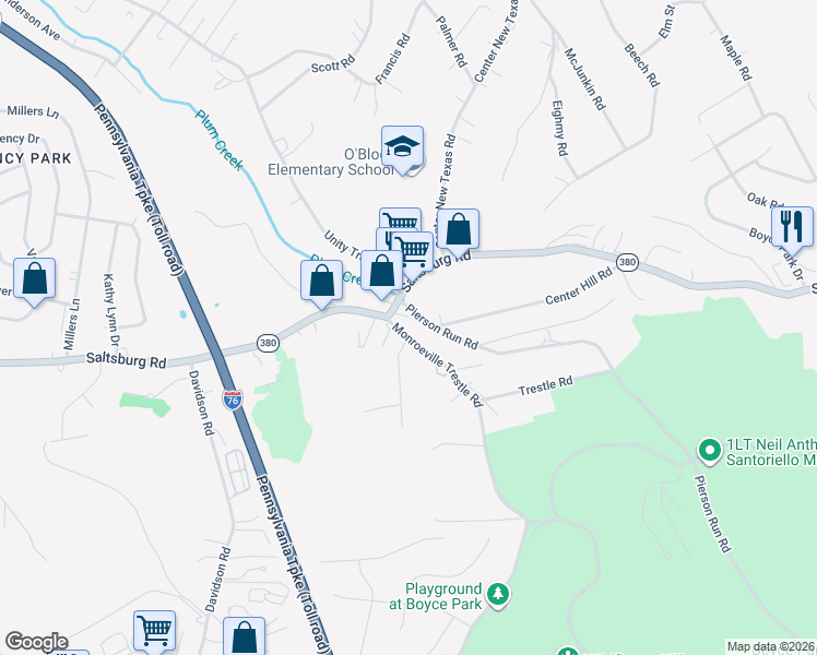 map of restaurants, bars, coffee shops, grocery stores, and more near 896 Center Road in Pittsburgh