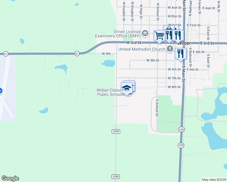map of restaurants, bars, coffee shops, grocery stores, and more near 803 S Shimerda St in Wilber