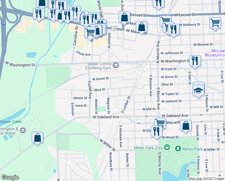 map of restaurants, bars, coffee shops, grocery stores, and more near 1310 West Olive Street in Bloomington