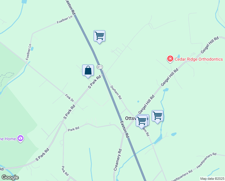 map of restaurants, bars, coffee shops, grocery stores, and more near 327 Durham Road in Ottsville