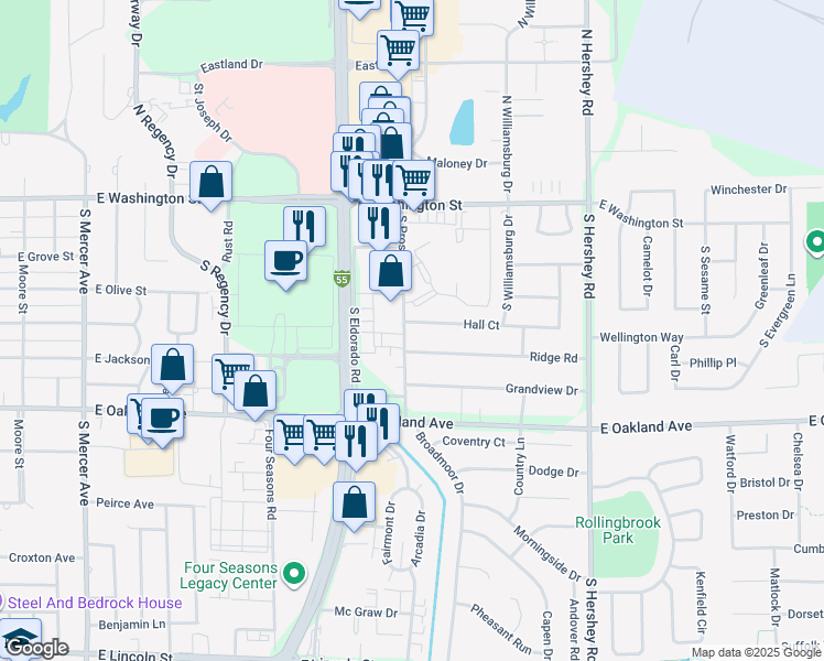 map of restaurants, bars, coffee shops, grocery stores, and more near 302 South Prospect Road in Bloomington