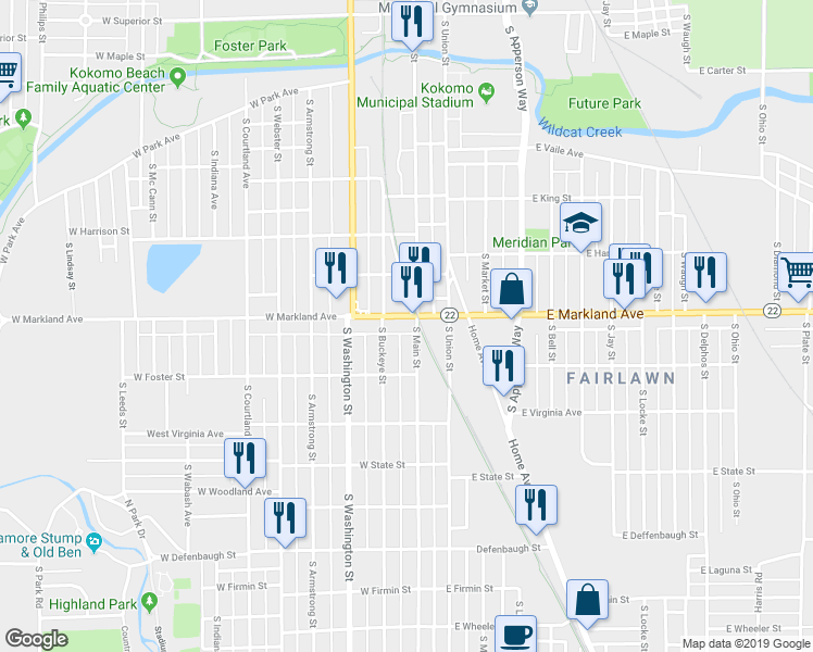 map of restaurants, bars, coffee shops, grocery stores, and more near 107 West Markland Avenue in Kokomo