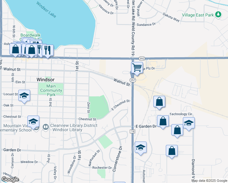 map of restaurants, bars, coffee shops, grocery stores, and more near 298 East Chestnut Street in Windsor