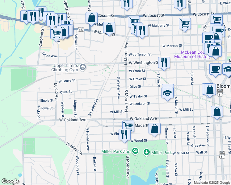 map of restaurants, bars, coffee shops, grocery stores, and more near 1301 West Taylor Street in Bloomington