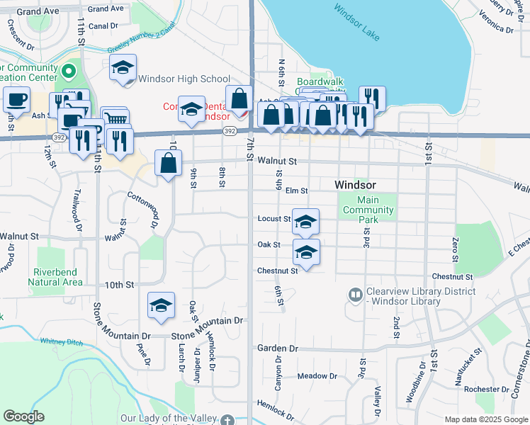 map of restaurants, bars, coffee shops, grocery stores, and more near 614 Locust Street in Windsor