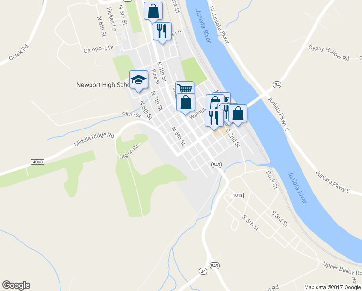 map of restaurants, bars, coffee shops, grocery stores, and more near 17 North 5th Street in Newport