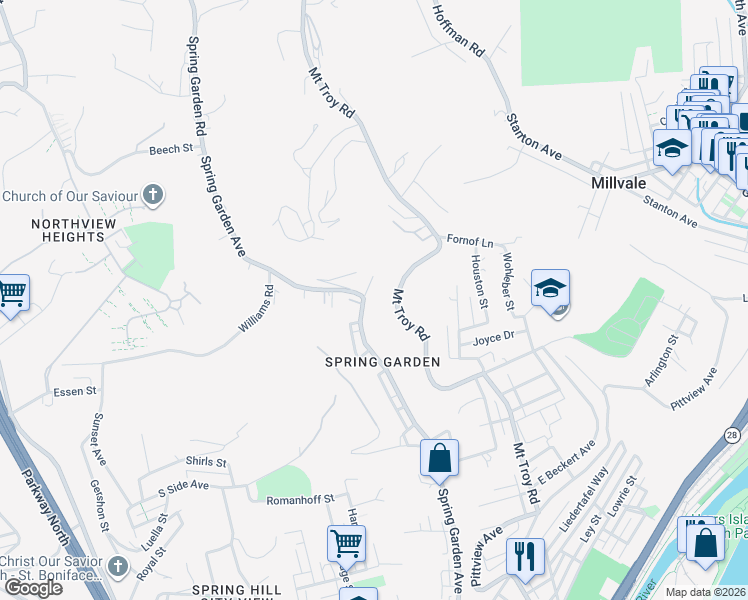 map of restaurants, bars, coffee shops, grocery stores, and more near 2819 Spring Garden Avenue in Pittsburgh