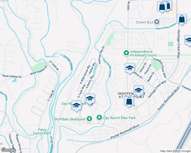 map of restaurants, bars, coffee shops, grocery stores, and more near 15135 South Reins Way in Bluffdale