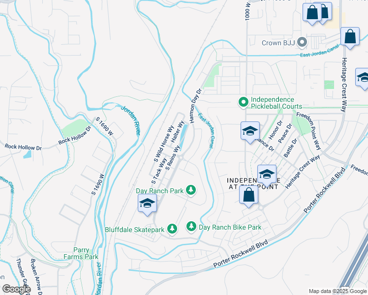 map of restaurants, bars, coffee shops, grocery stores, and more near 15135 South Reins Way in Bluffdale