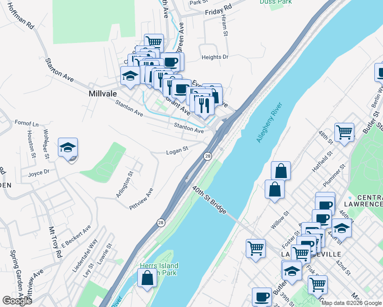 map of restaurants, bars, coffee shops, grocery stores, and more near 117 Shoup Street in Pittsburgh