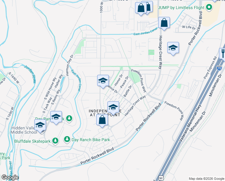 map of restaurants, bars, coffee shops, grocery stores, and more near 15143 Boston Harbor Lane in Bluffdale