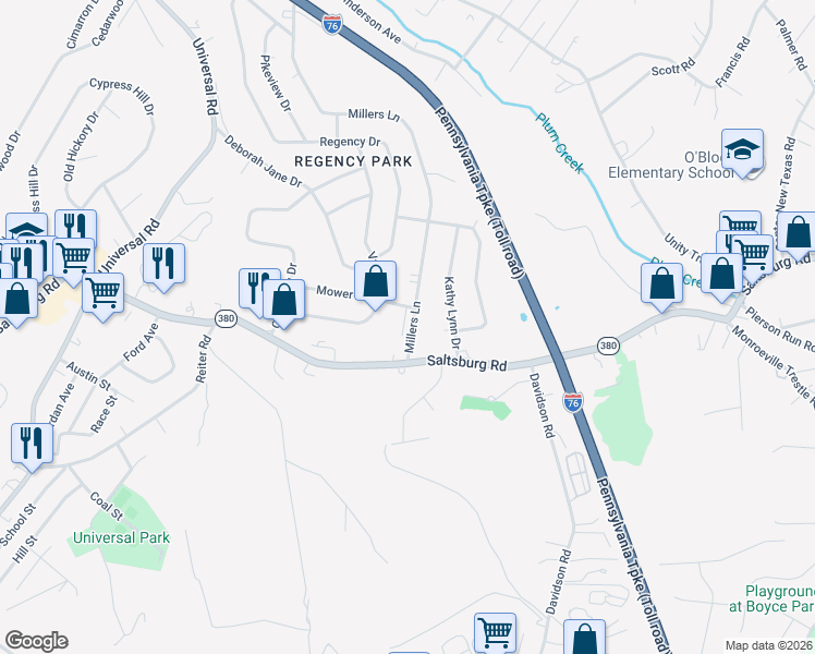 map of restaurants, bars, coffee shops, grocery stores, and more near 407 Millers Lane in Pittsburgh