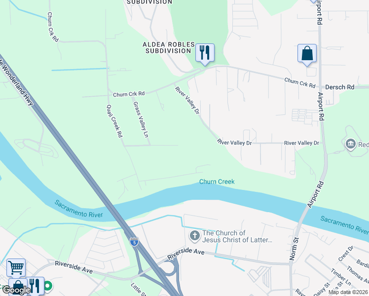 map of restaurants, bars, coffee shops, grocery stores, and more near 20175 Barn Owl Drive in Redding