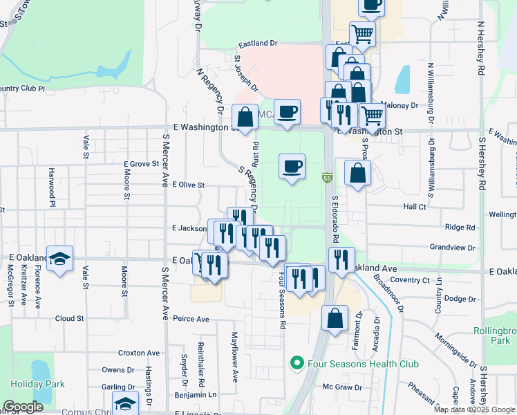 map of restaurants, bars, coffee shops, grocery stores, and more near 1 State Farm Plaza in Bloomington