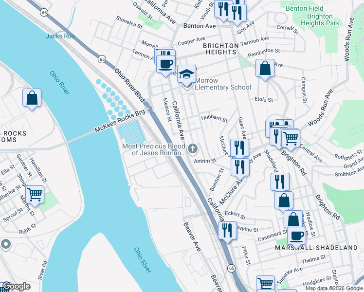 map of restaurants, bars, coffee shops, grocery stores, and more near 3401 California Avenue in Pittsburgh