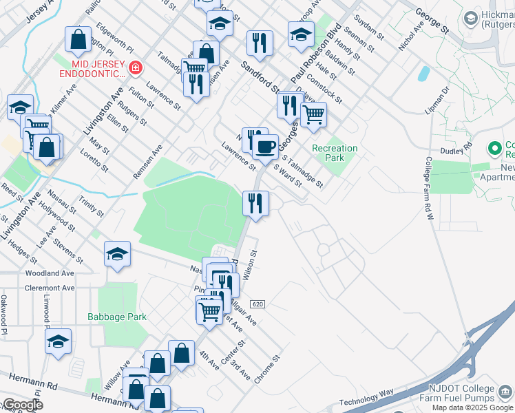 map of restaurants, bars, coffee shops, grocery stores, and more near 120 Georges Road in New Brunswick