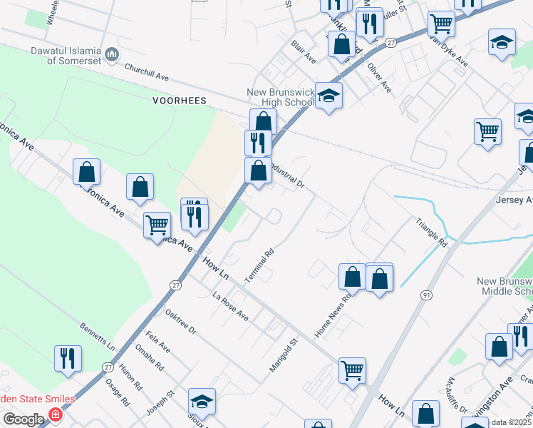 map of restaurants, bars, coffee shops, grocery stores, and more near 17 Hampton Road in New Brunswick