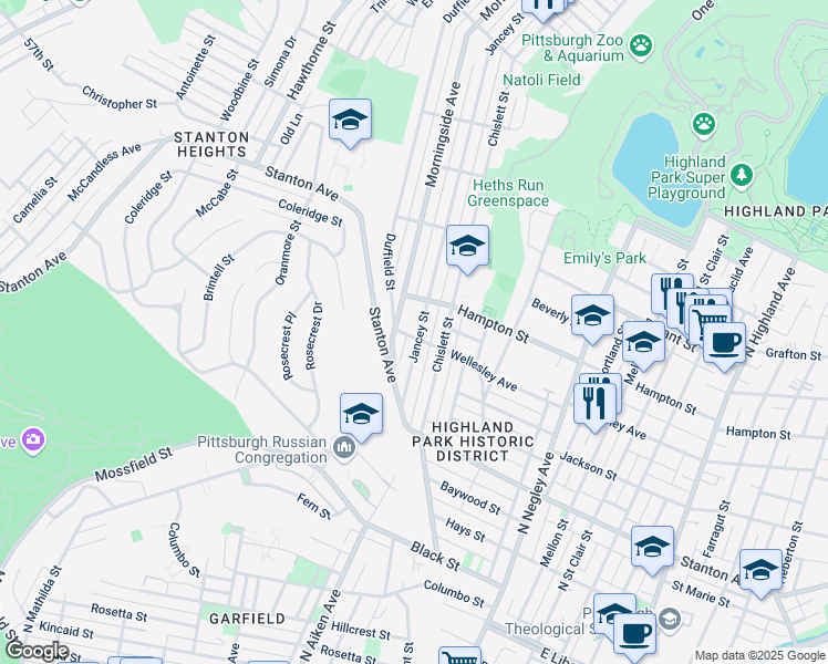 map of restaurants, bars, coffee shops, grocery stores, and more near 5309 Wellesley Avenue in Pittsburgh