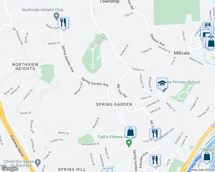 map of restaurants, bars, coffee shops, grocery stores, and more near 2819 Spring Garden Avenue in Pittsburgh