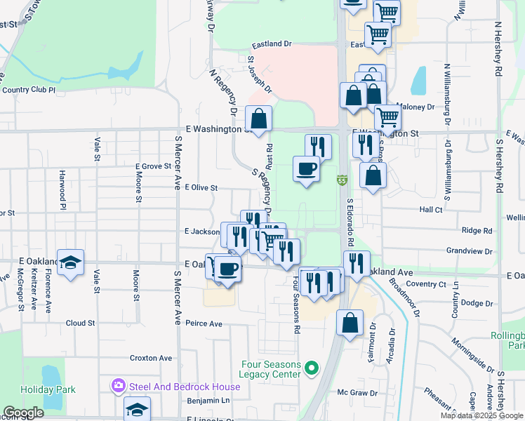 map of restaurants, bars, coffee shops, grocery stores, and more near 303 South Regency Drive in Bloomington