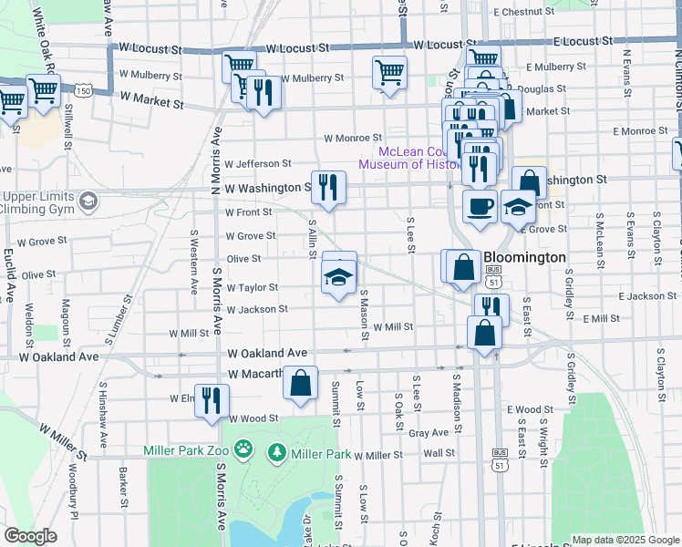 map of restaurants, bars, coffee shops, grocery stores, and more near 714 West Taylor Street in Bloomington