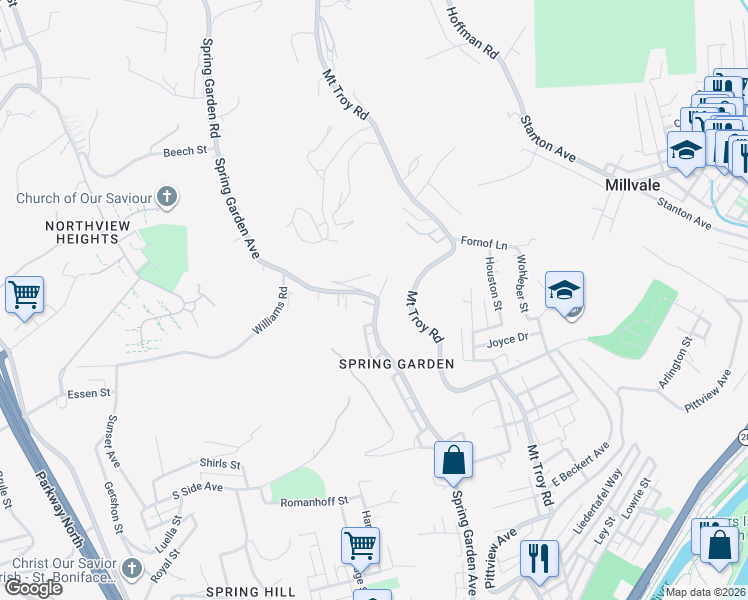 map of restaurants, bars, coffee shops, grocery stores, and more near 2819 Spring Garden Avenue in Pittsburgh