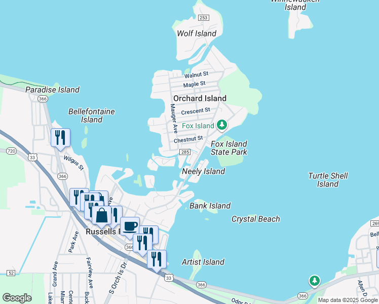 map of restaurants, bars, coffee shops, grocery stores, and more near 4 North Orchard Island Road in Lakeview