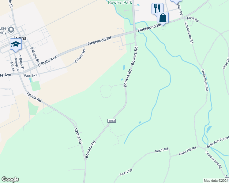 map of restaurants, bars, coffee shops, grocery stores, and more near 165 Roja Lane in Mertztown