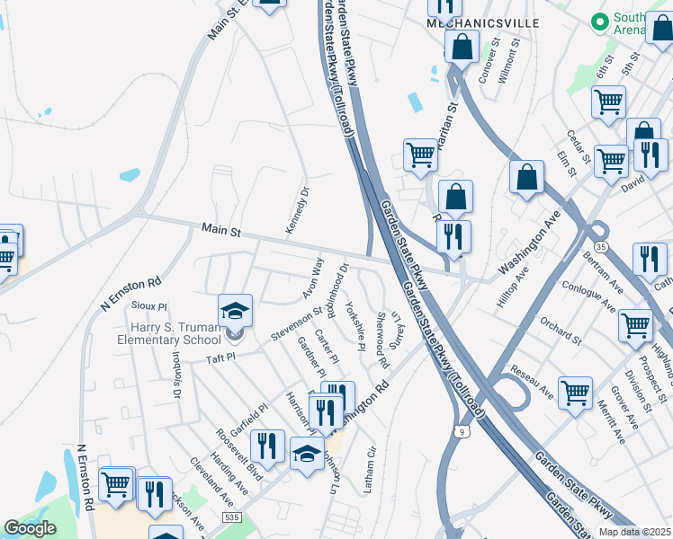 map of restaurants, bars, coffee shops, grocery stores, and more near 31 Robinhood Drive in Sayreville