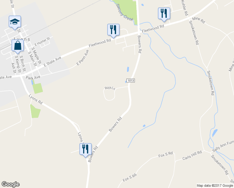 map of restaurants, bars, coffee shops, grocery stores, and more near 165 Roja Lane in Mertztown