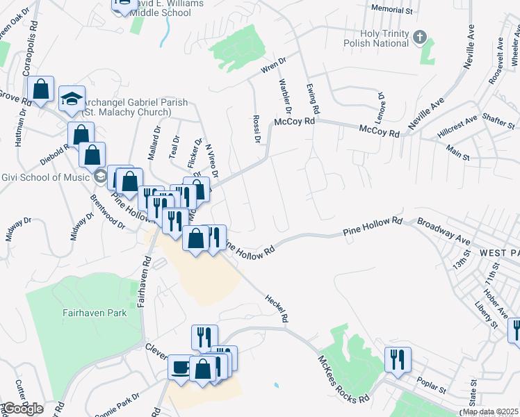 map of restaurants, bars, coffee shops, grocery stores, and more near 9 Greenwood Drive in McKees Rocks
