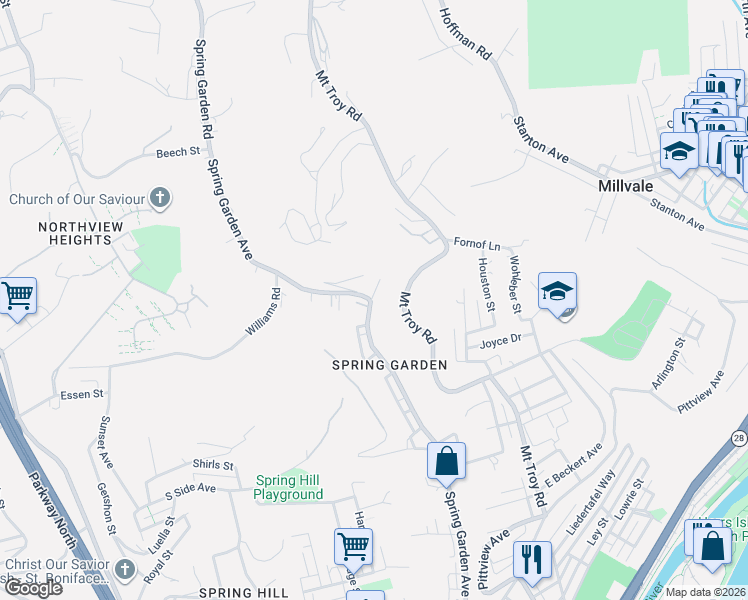 map of restaurants, bars, coffee shops, grocery stores, and more near 2819 Spring Garden Avenue in Pittsburgh