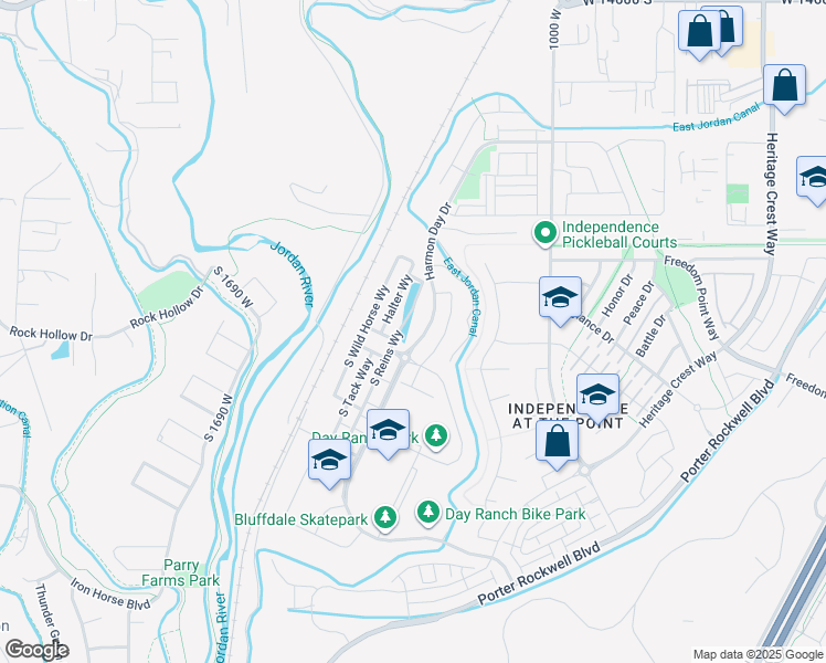 map of restaurants, bars, coffee shops, grocery stores, and more near 15123 South Reins Way in Bluffdale