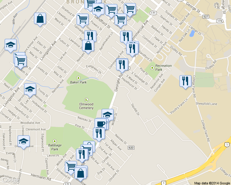 map of restaurants, bars, coffee shops, grocery stores, and more near 120 Georges Rd in New Brunswick