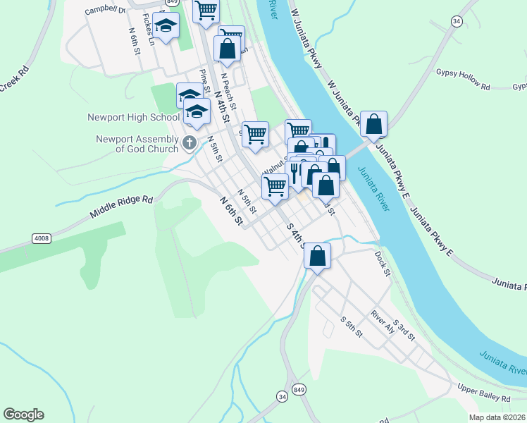 map of restaurants, bars, coffee shops, grocery stores, and more near 423 Market Street in Newport