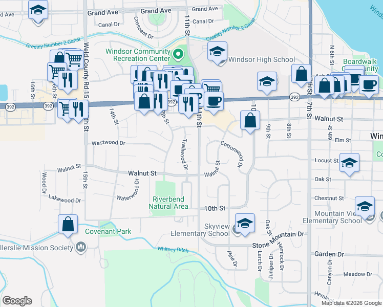 map of restaurants, bars, coffee shops, grocery stores, and more near 1200 Creekwood Court in Windsor