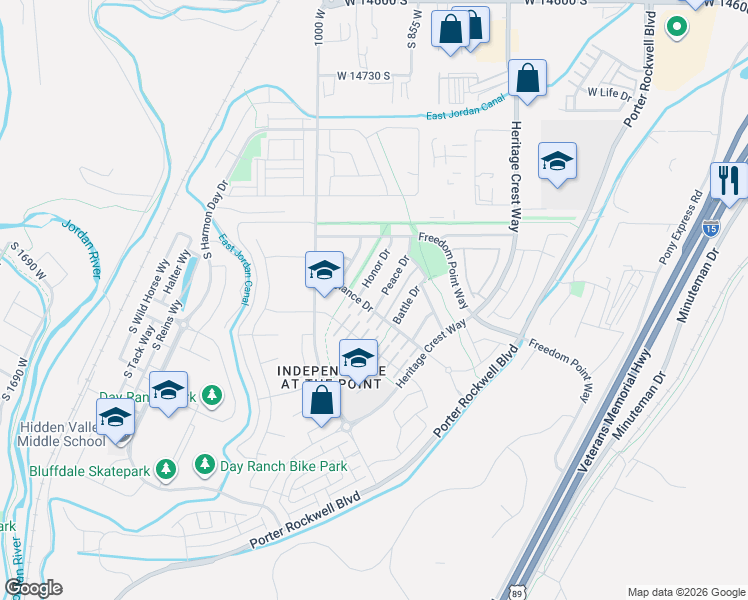 map of restaurants, bars, coffee shops, grocery stores, and more near 15144 Peace Drive in Bluffdale