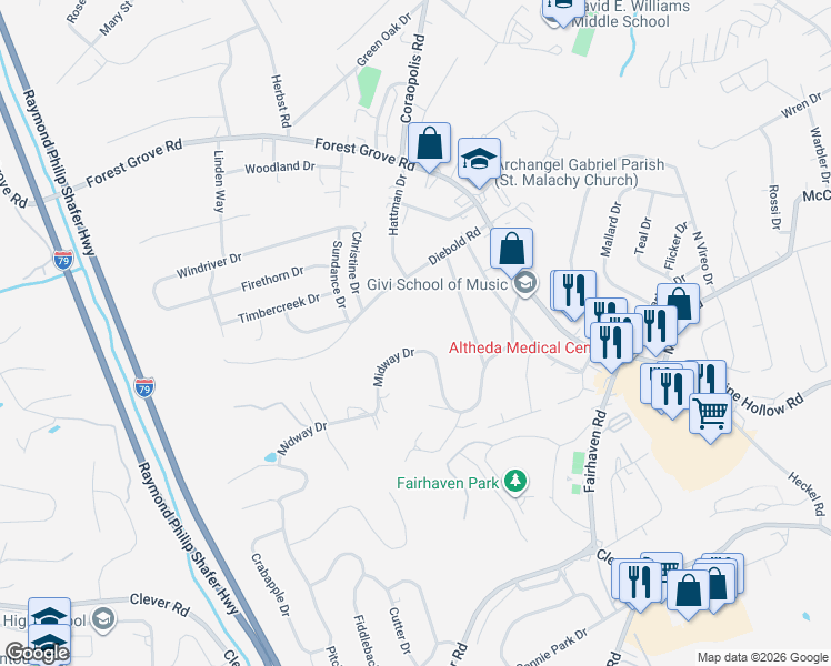 map of restaurants, bars, coffee shops, grocery stores, and more near 89 Midway Drive in McKees Rocks
