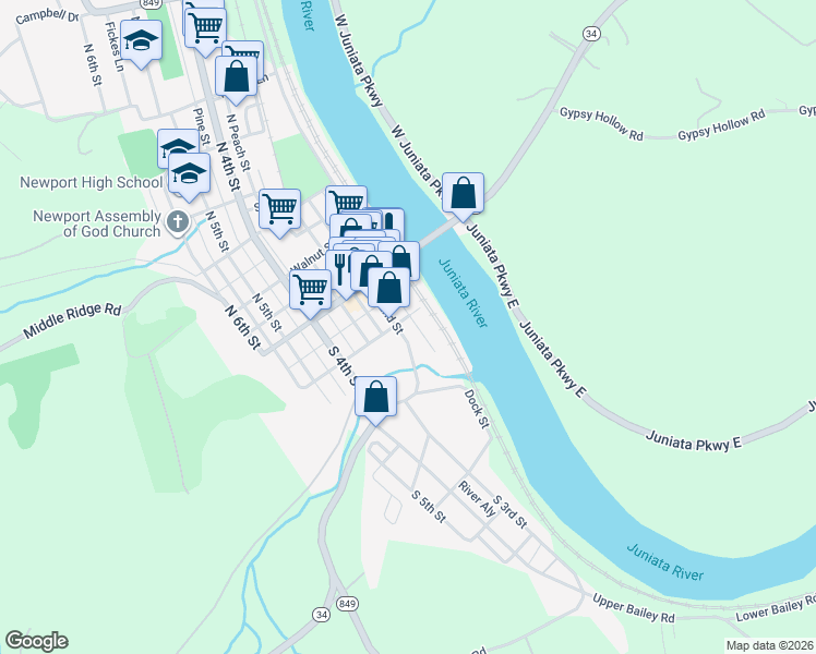map of restaurants, bars, coffee shops, grocery stores, and more near 125 South 2nd Street in Newport